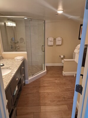 Hair dryer, towels, soap, toilet paper