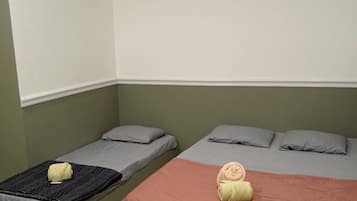 Una habitación con dos camas individuales, ventilador de techo y una pared de acento verde.