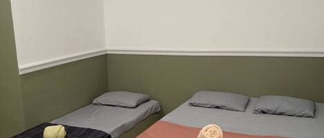 A room with two single beds, a ceiling fan, and a green accent wall.