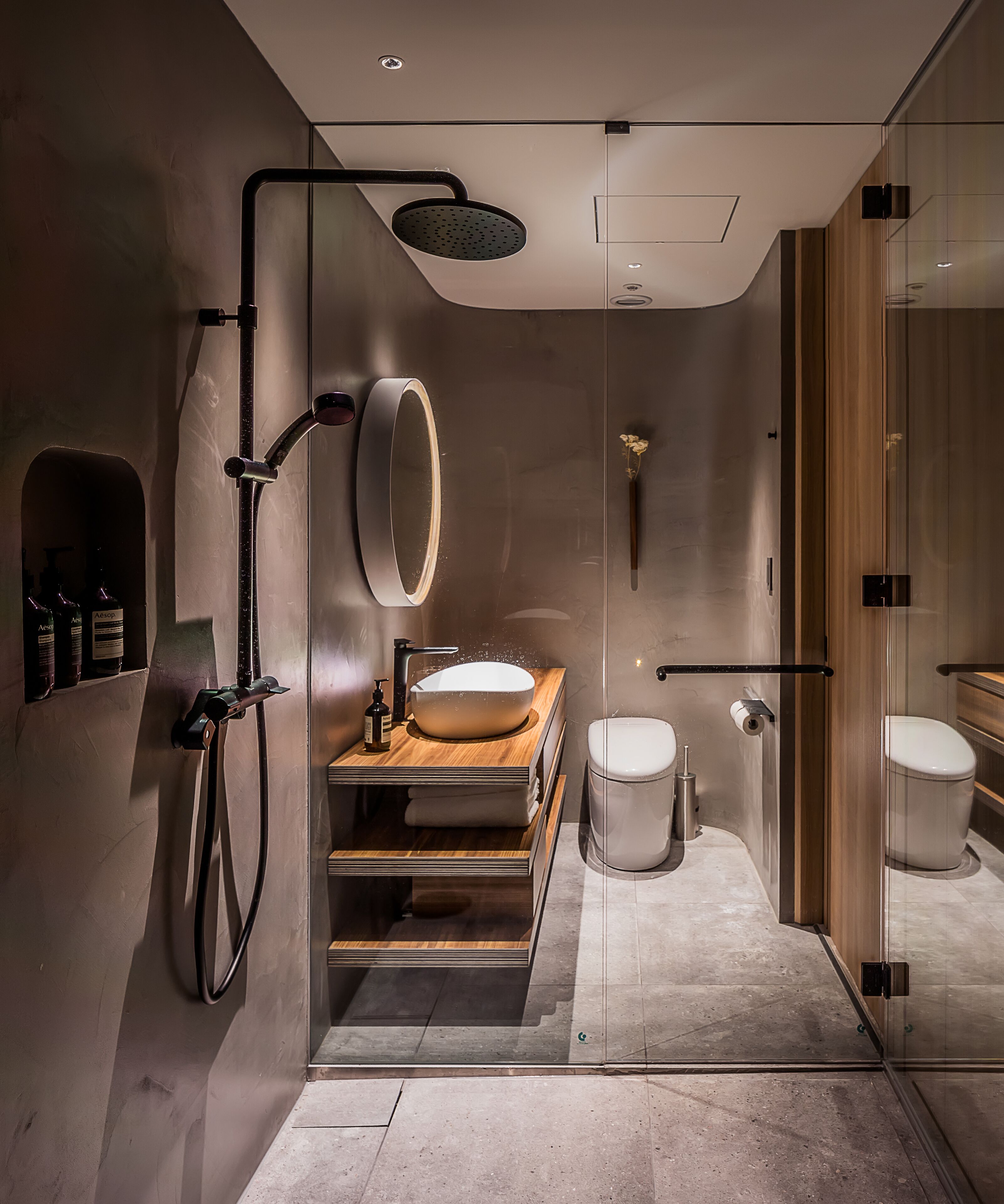 A modern bathroom with a glass shower enclosure, a wooden vanity, a large mirror, and a toilet.