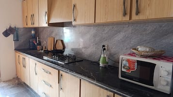 Fridge, microwave, stovetop, electric kettle