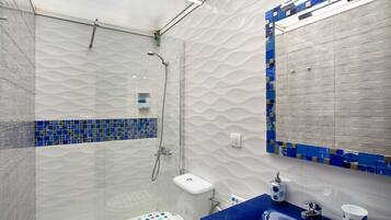 Regadera, secadora de cabello, toallas