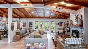 Smart TV, fireplace, DVD player, books