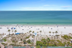 A beach with a clear view of the ocean, a sandy beach, and palm trees.
