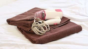 Hair dryer, towels, soap, shampoo