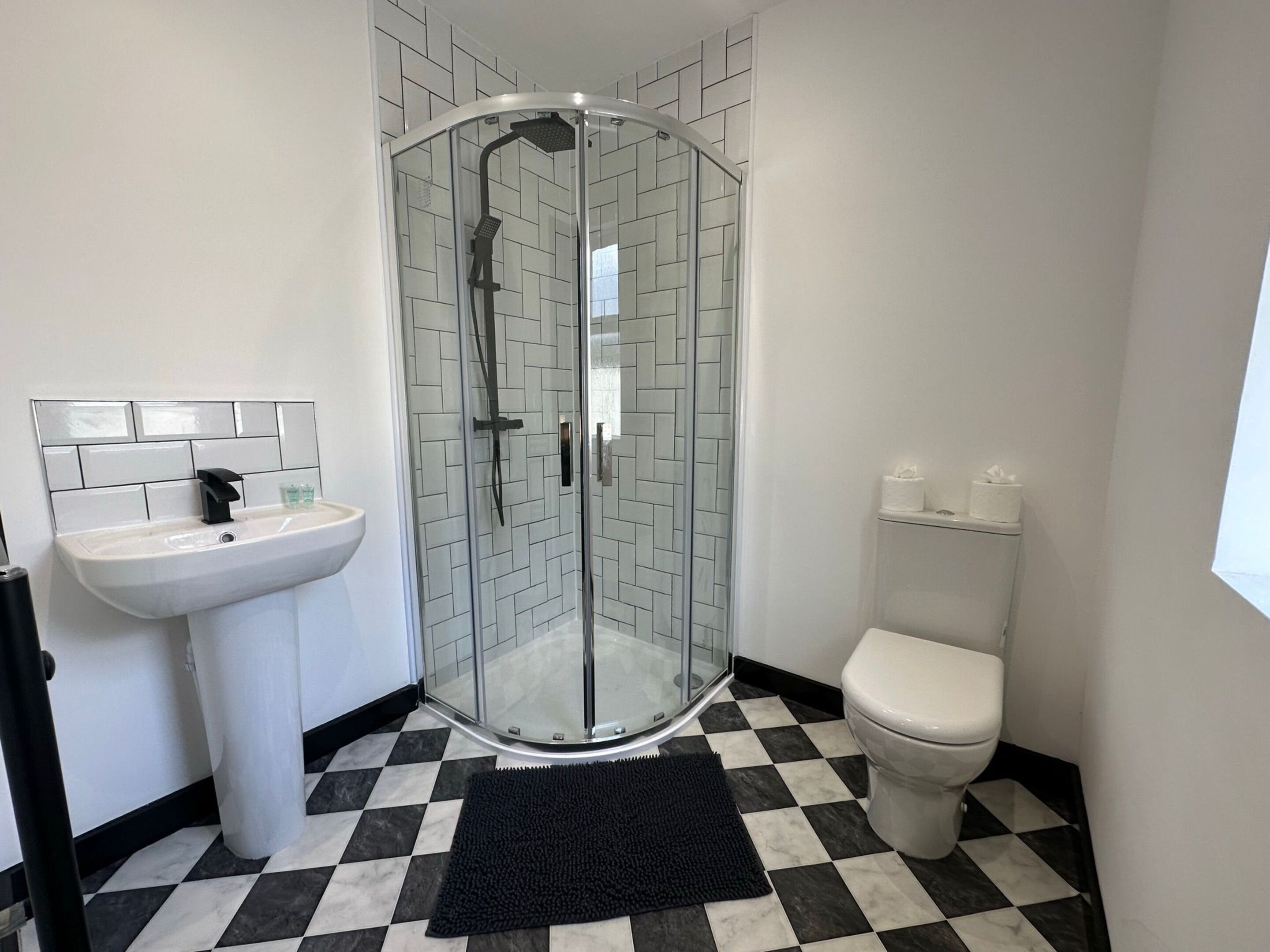 Shower, free toiletries, towels, soap