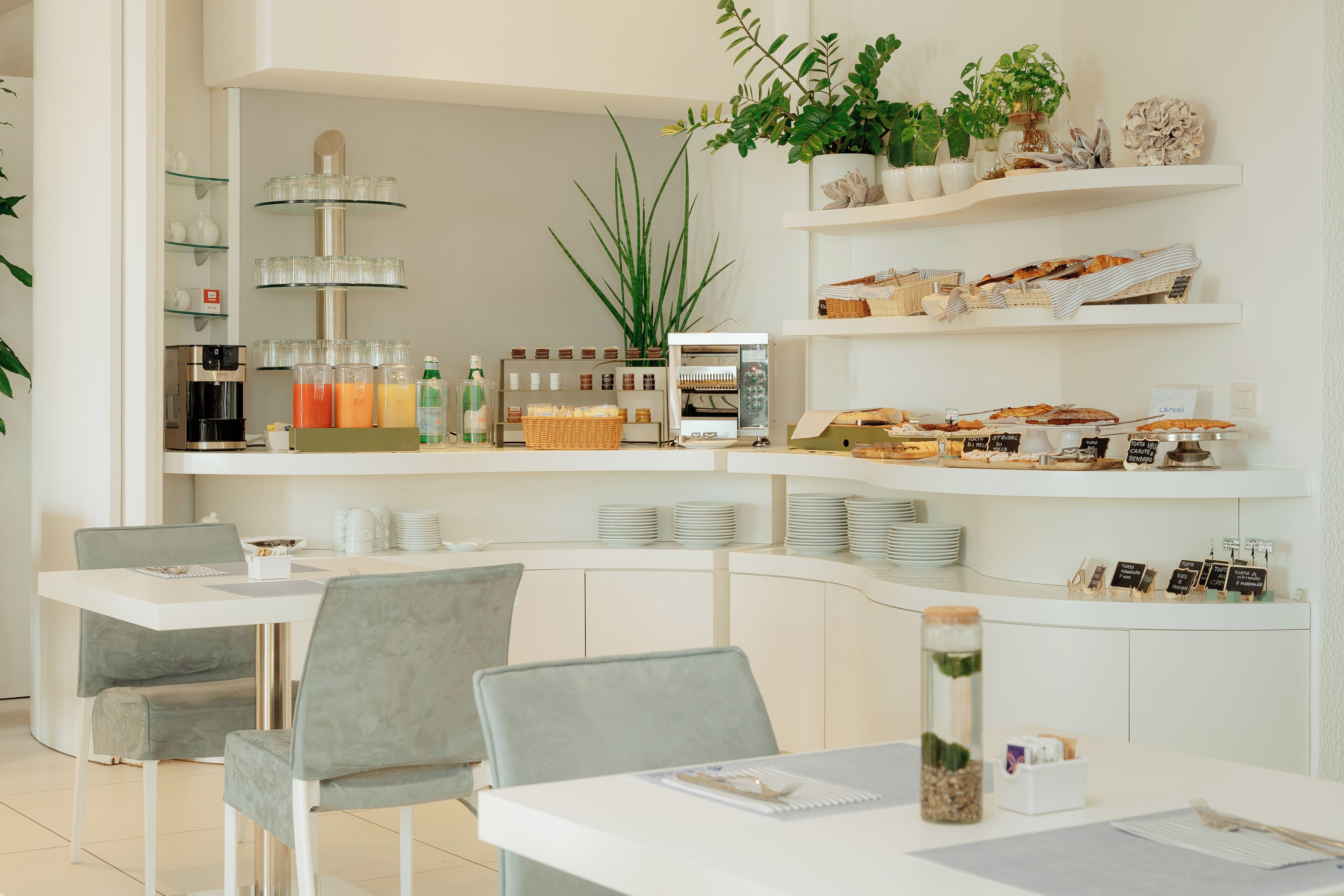 A modern cafe with a curved counter, seating area with chairs, and shelves with food items and plants.