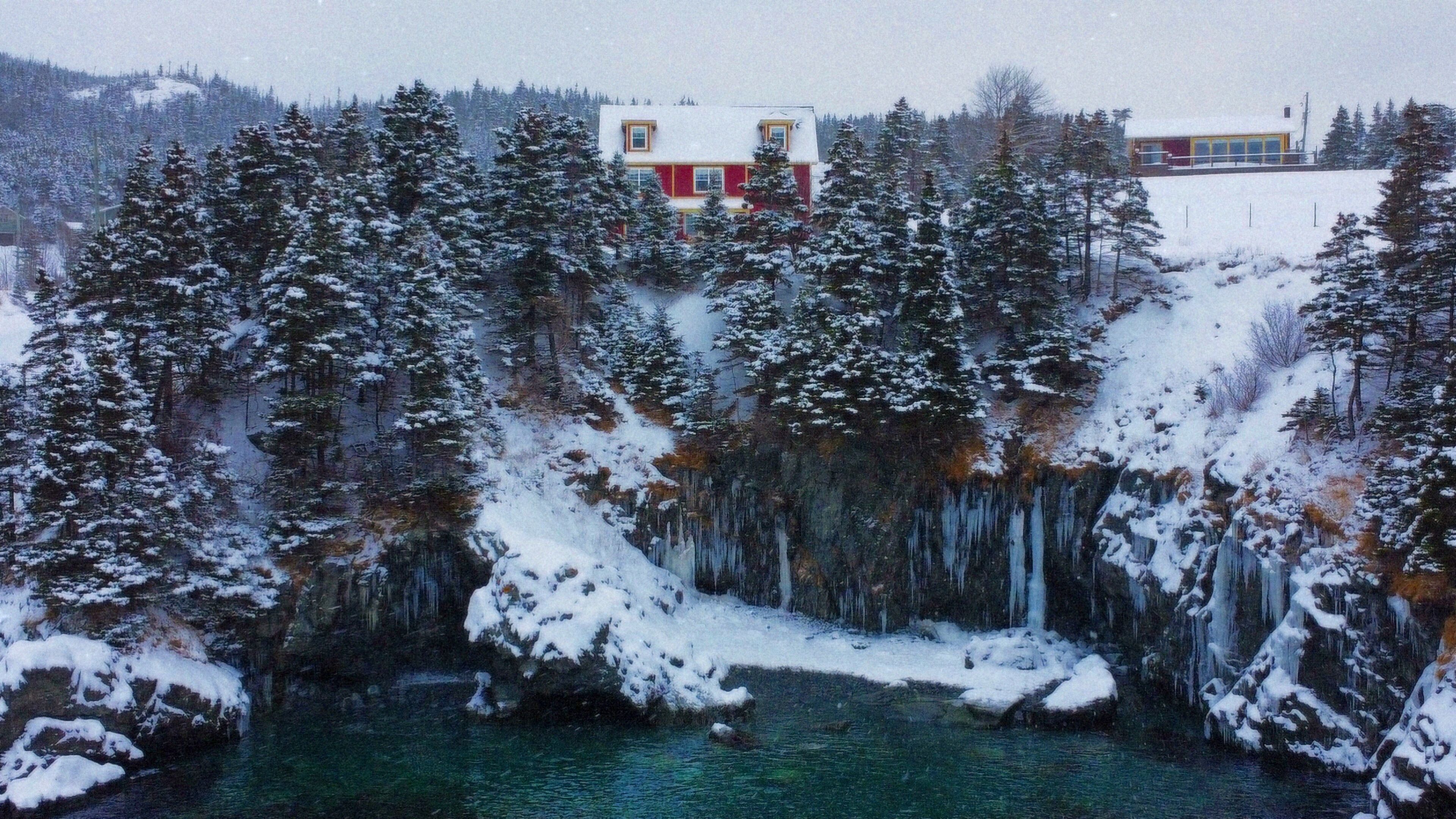 Un paysage hivernal avec une maison entourée d’arbres couverts de neige et une cascade gelée.