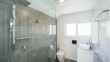 Shower, towels, shampoo, toilet paper