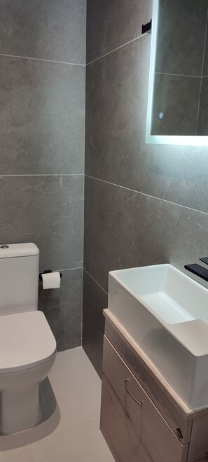 Apartamento conforto, sacada, vista para a cidade | Banheiro | Chuveiro com efeito de chuva, secador de cabelo, toalhas de banho 