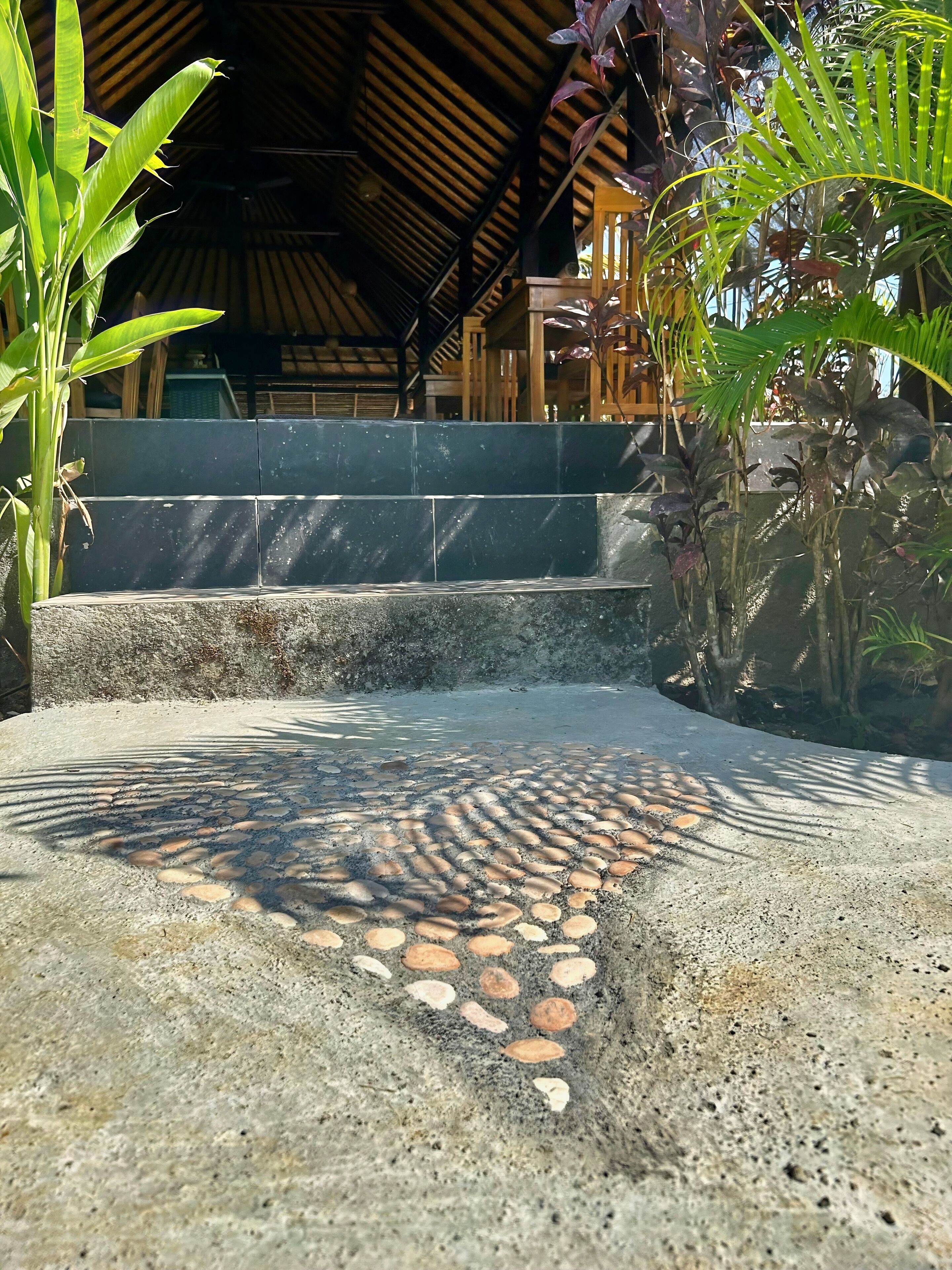 Un sendero de hormigón con diseños de piedra, rodeado de plantas tropicales y una estructura de madera con techo de tejas.