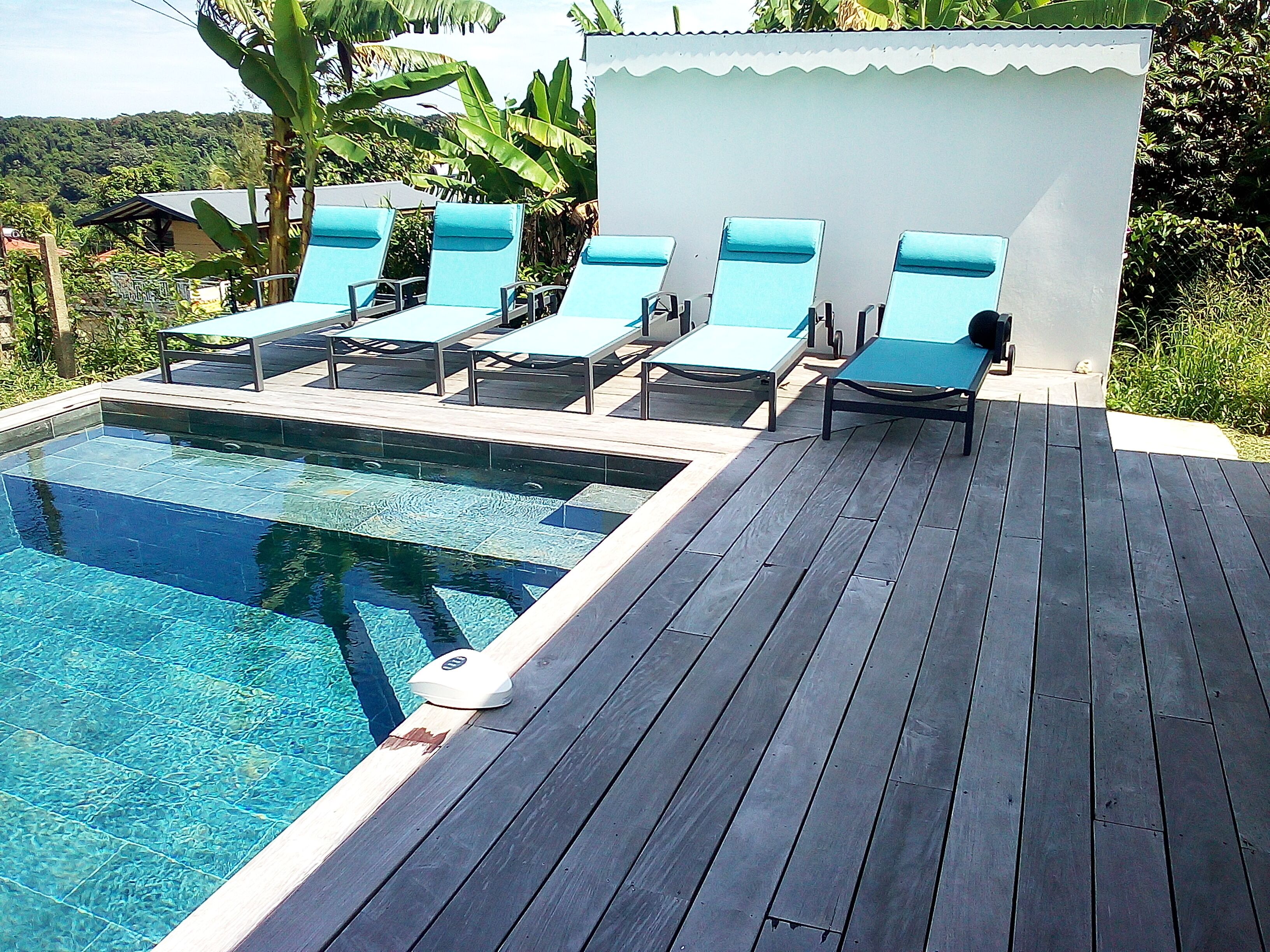 A swimming pool with a wooden deck, surrounded by lounge chairs.