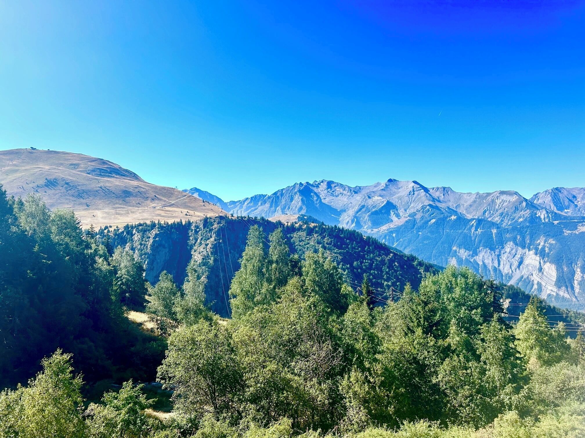 Eine gebirgige Landschaft mit dichten Wäldern und strahlend blauem Himmel.