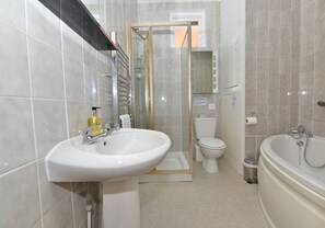 Hair dryer, towels, soap, toilet paper