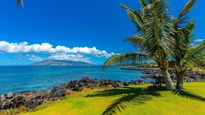 A tropical beach scene with a clear blue sky, a calm sea, and a grassy area with palm trees. - Kihei Surfside 506 1 Bedroom Condo (Kihei)