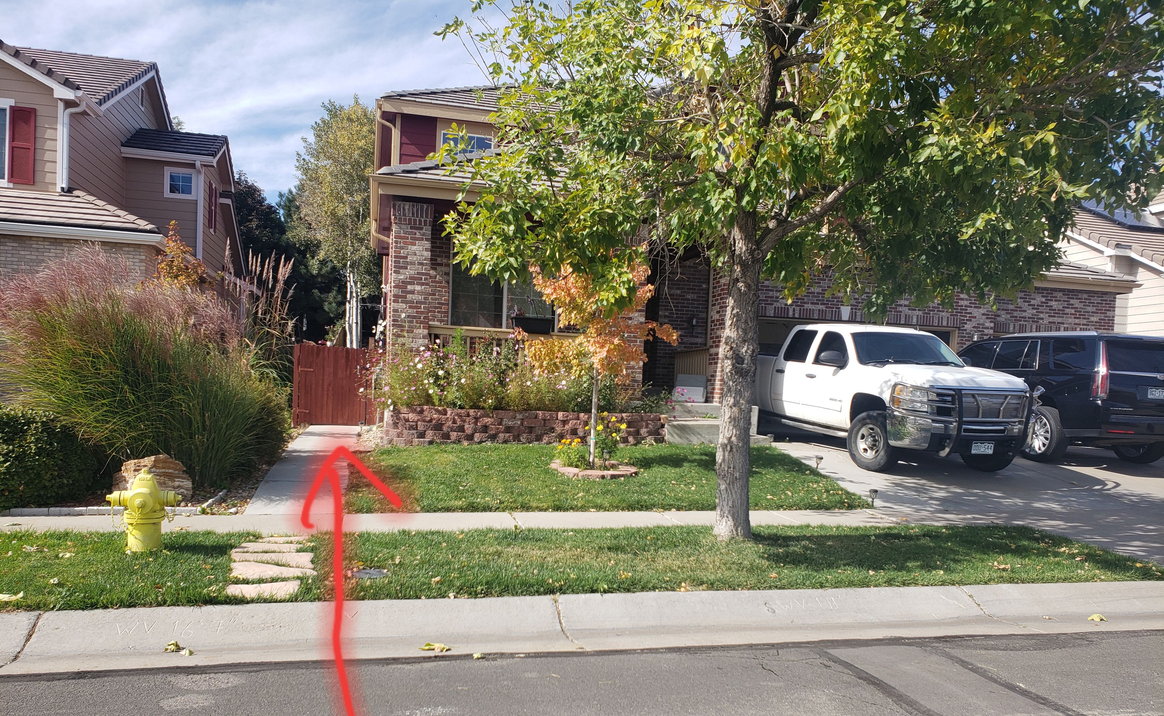 Una calle residencial con casas, un hidrante y vehículos estacionados.