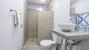 Un baño con ducha, inodoro, lavabo y espejo.