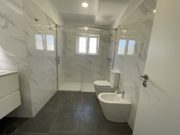 Chuveiro, secador de cabelo, toalhas de banho, papel higiênico