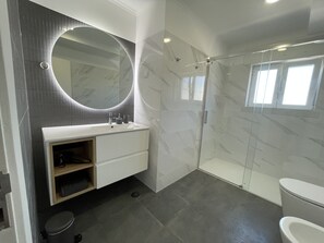 Chuveiro, secador de cabelo, toalhas de banho, papel higiênico