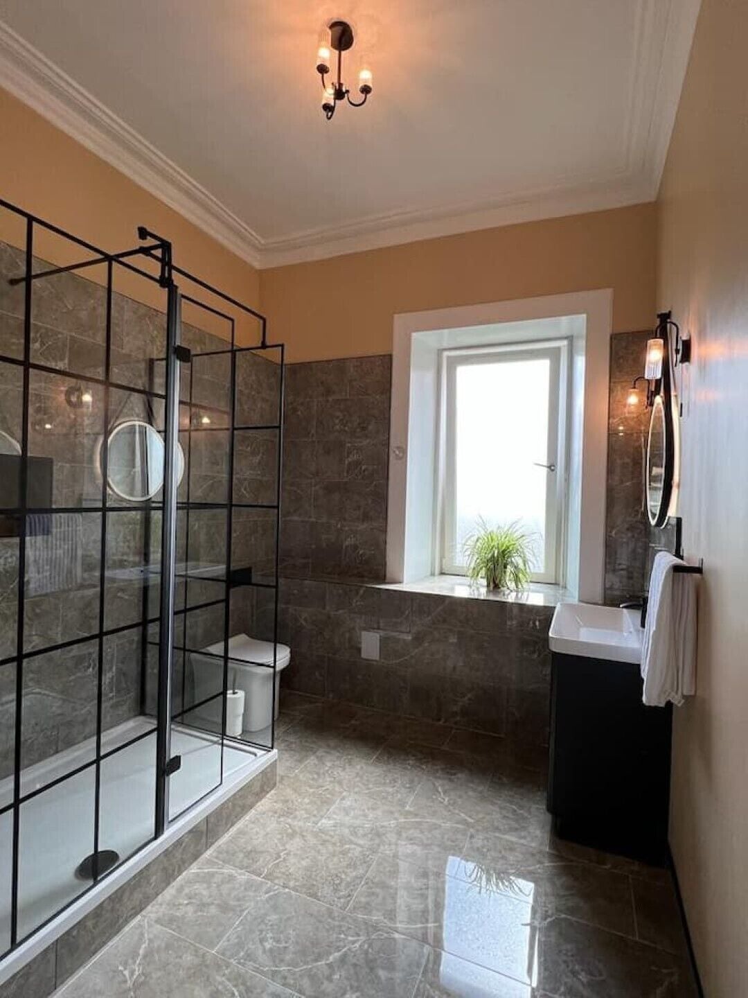Un baño moderno con cabina de ducha de vidrio, inodoro, lavamanos y ventana con planta.