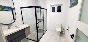 Hair dryer, towels, soap, toilet paper