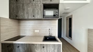 Studio Apartment with Kitchen | Private kitchen | Full-size fridge, microwave, stovetop, cookware/dishes/utensils