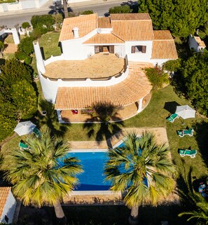 Une vue aérienne d’une maison avec une piscine, entourée de palmiers et d’un jardin.