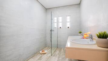Een moderne badkamer met een glazen douchecabine, een wastafel met twee wasbakken en een potplant.