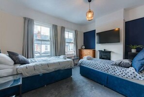 Two single beds with blue headboards, a flat-screen TV, and a small potted plant create a calm atmosphere.