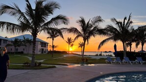 A resort with a pool, palm trees, and a sunset view. - Fabulous beachfront condo (Treasure Cay)
