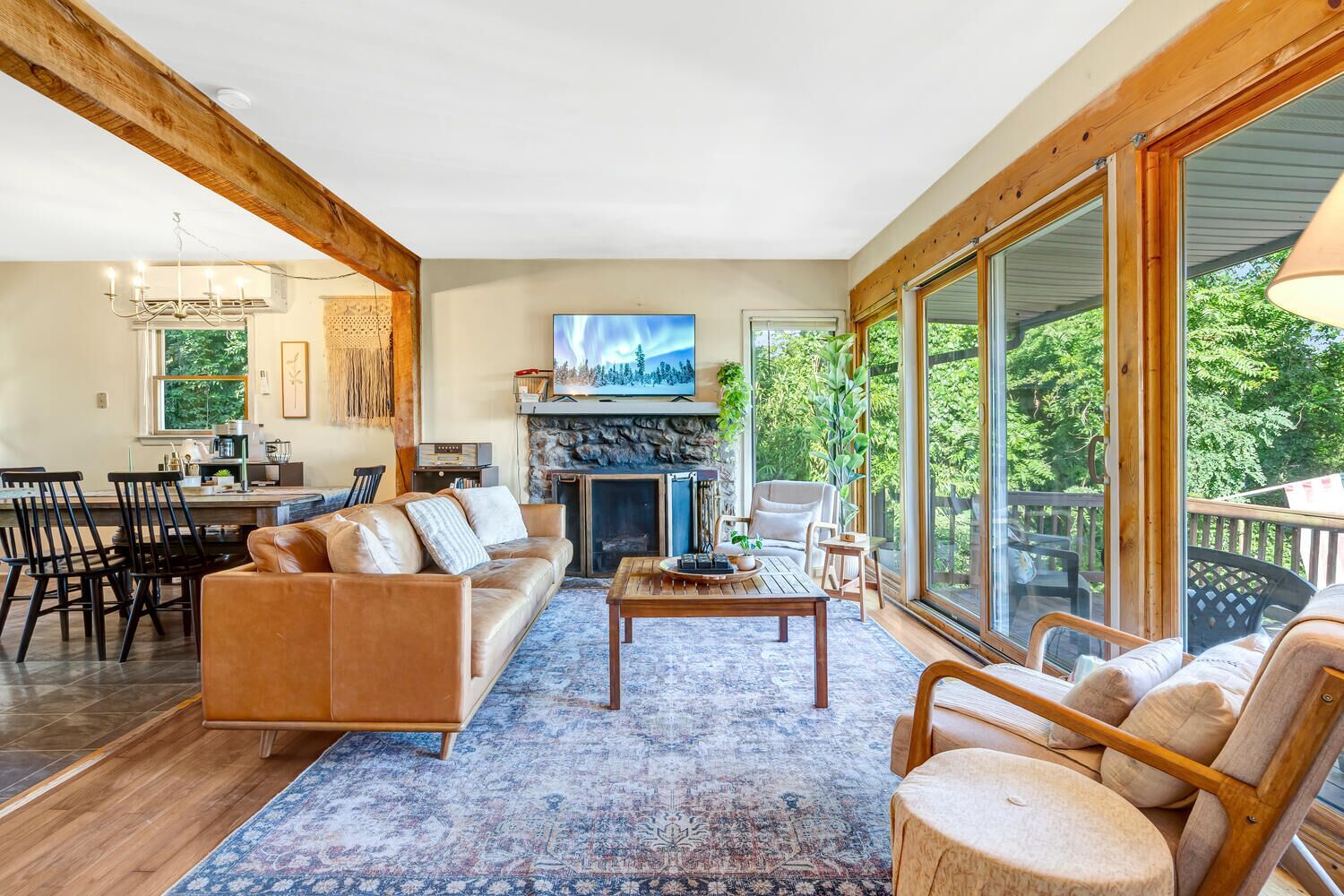 Smart TV, chimenea, libros y estéreo 