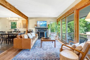 TV connectée, cheminée, livres, chaîne hi-fi