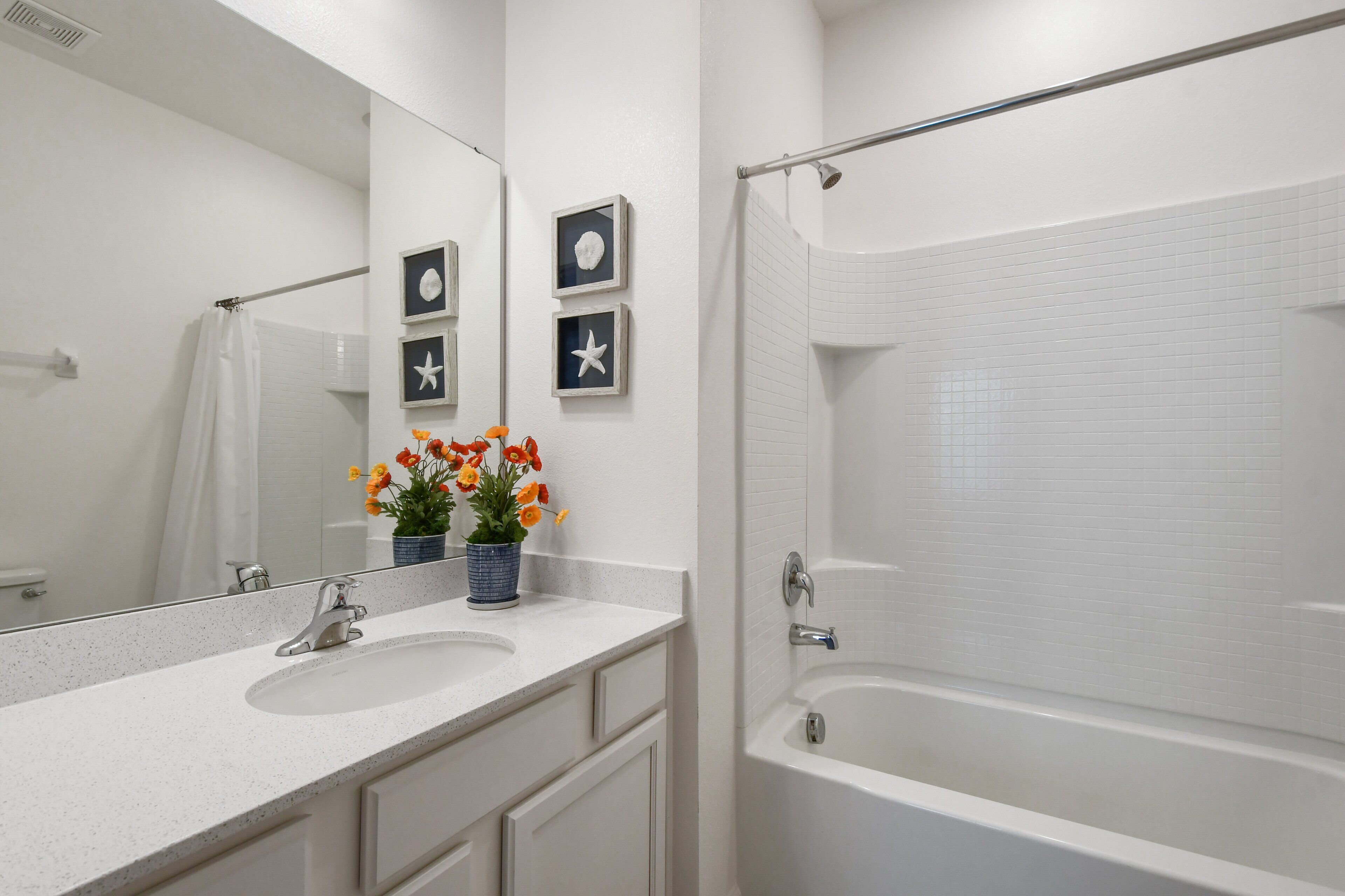 A bathroom with a white sink, mirror, and bathtub. There are framed pictures on the wall and a potted plant with flowers on the counter.