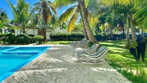 Zona de piscina con sillas de descanso y palmeras.