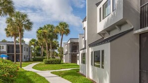 A modern building with a pathway, palm trees, and a clear sky.