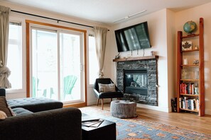 Smart TV, fireplace, books