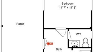 A floor plan with a bedroom measuring 11'7" x 11'3", a bathroom, a laundry area, and a porch. - Celestial Dreams by Ryson Vacation Rentals (Galveston)