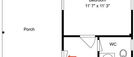 A floor plan of a bedroom measuring 11'7' x 11'3', adjacent to a bathroom and a laundry area.