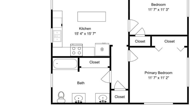 A floor plan with a living room, dining room, kitchen, and two bedrooms. - Celestial Dreams by Ryson Vacation Rentals (Galveston)