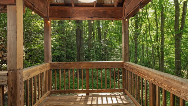 Une terrasse en bois dotée d’une rambarde, entourée d’une forêt.