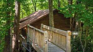 Une cabane en bois avec un escalier en bois menant à un porche couvert, le tout entouré d’arbres.
