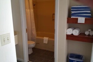 Hair dryer, towels, soap, shampoo