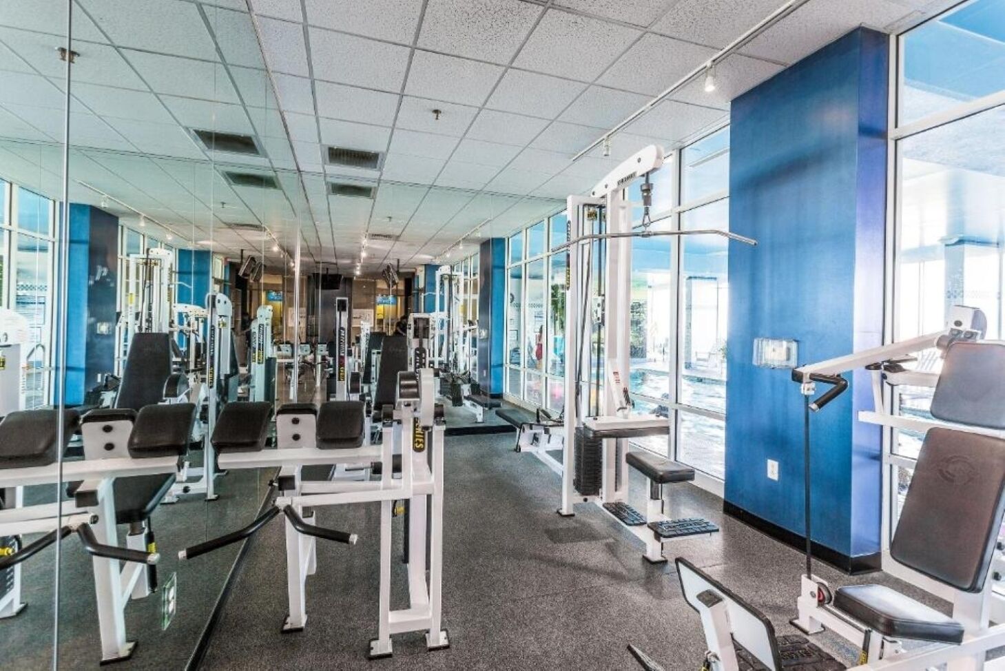 Une salle de sport équipée de divers appareils d’exercice, dotée de grandes fenêtres et d’un mur bleu.