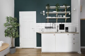 Fridge, microwave, coffee/tea maker, electric kettle