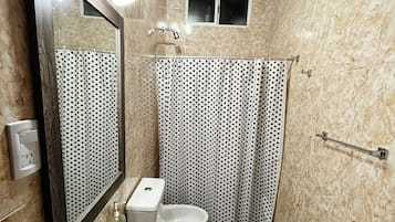 Shower, bidet, towels, soap