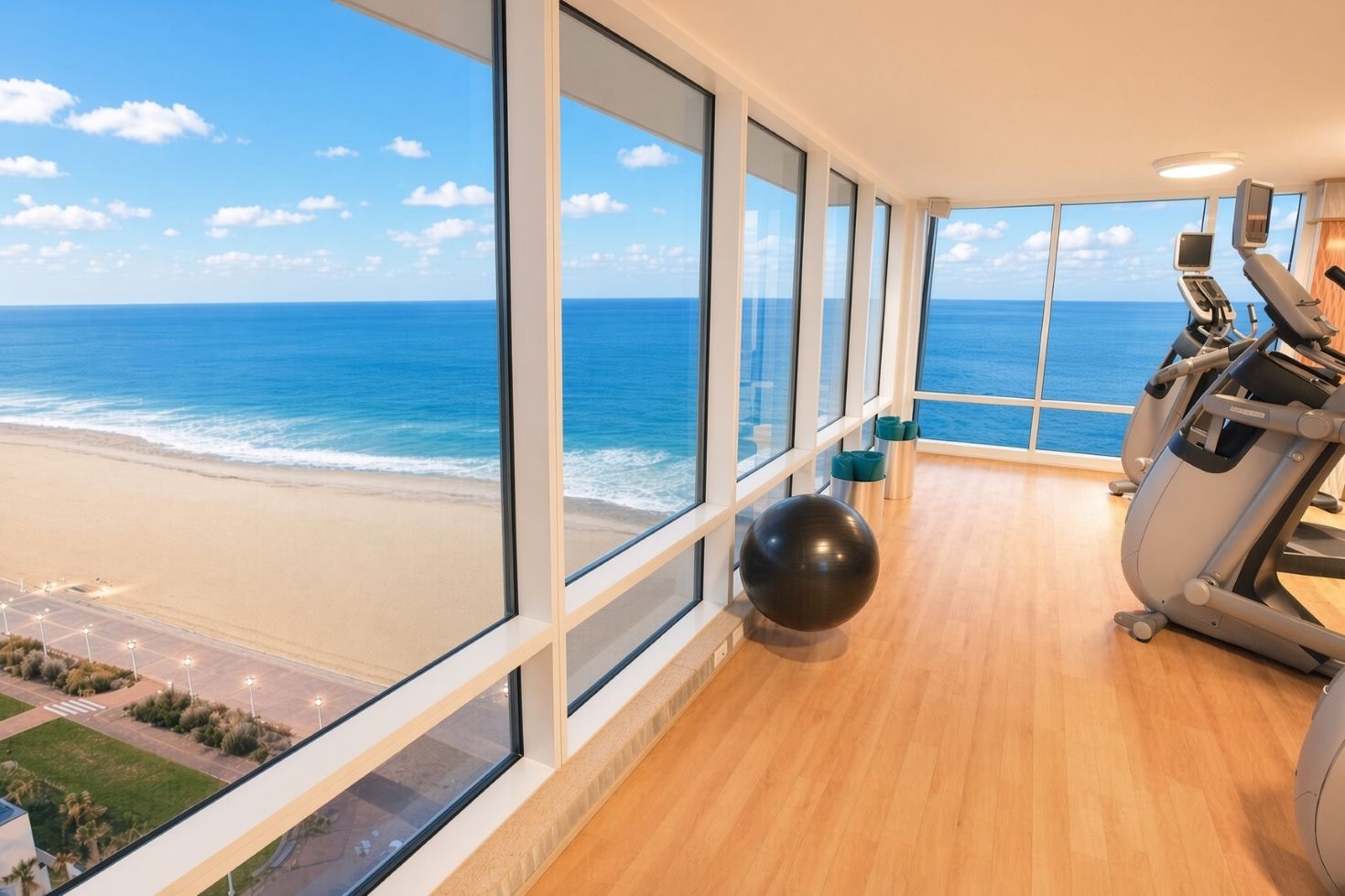 A gym with exercise equipment and a large window overlooking a beach.