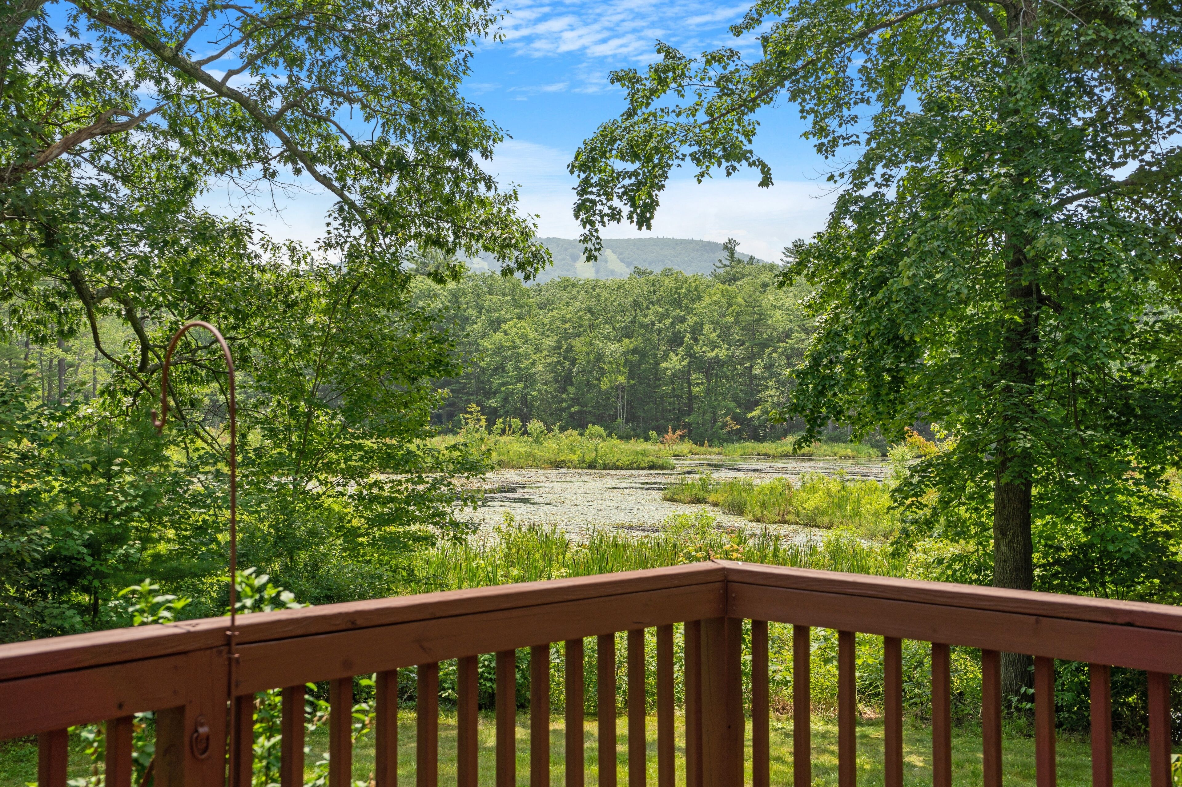 A wooden deck overlooking a forested area with a river.