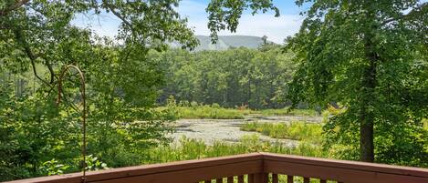 A wooden deck overlooking a forested area with a river.