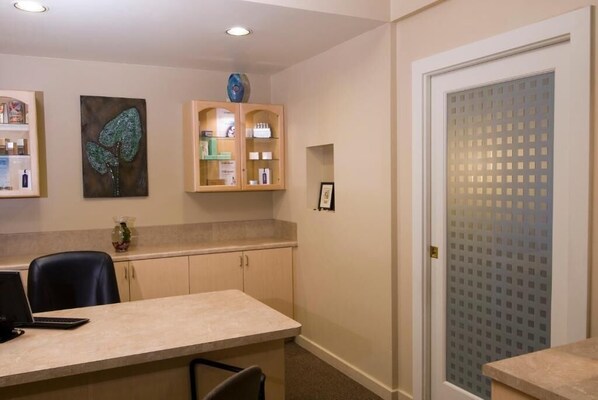 A room with a desk, a chair, a cabinet with shelves, a framed picture, and a frosted glass door.