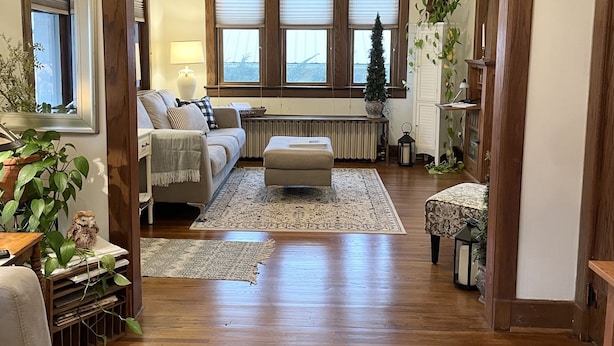 A spacious living room with a wooden floor, a sofa, a coffee table, and a fireplace. There are large windows with blinds, a potted plant, and a mirror. - A charming craftsman located in the perfect American small town (Saint Lucas)